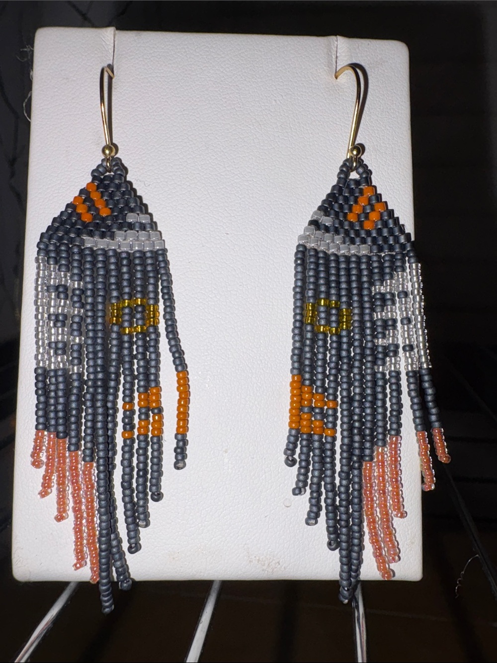 Beaded sundance Fringe Drop Earrings in Black, Gray & Coral